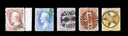 O4O117, 6c Lincoln design officials, the highly desirable exhibition group of 93 used items (almost all singles) selected to display a wonderful variety of unusual
cancellations which are most challenging to find on any official stamps, includi