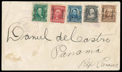 4-8, 1c-10c 1904 Overprints cplt., 1c with natural s.e. at top, all tied to one small cover by violet AnconCanal ZoneDec 10 1904 duplex pmk. with matching bars, locally
addressed, fine.