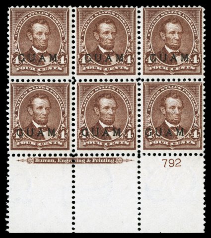 4, 4c Lilac brown, full bottom margin imprint and plate no. 792 block of six, featuring an extra-large sheet selvage, deep rich color, just slightly tropicalized o.g.,
fine.