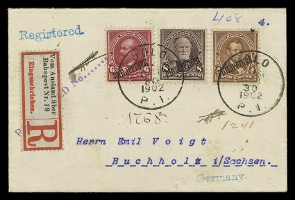 213232, 1899 and 1903-04 Overprints, attractive group of four covers all franked with various values from these first two series, includes a November 25, 1901 usage to Lyon,
France with single 1c and 4c, a petite 1902 registered cover from Jolo