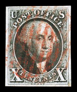 2, 10c Black, handsome used example, possessing full and wonderfully well balanced margins, deep intense color and an especially detailed impression, light central red grid
cancel, extremely fine 1991 PF certificate.