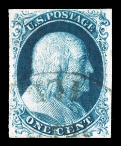 8, 1c Blue, Ty. III, used, ample balanced margins all around, sumptuously rich color and a highly detailed impression which shows the type characteristics extremely well,
light unobtrusive town c.d.s., minute trace of a thin speck at top not men