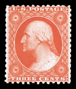 41, 3c Scarlet reprint, without gum as issued, a choice example of this very scarce and perennially difficult reprint, featuring much better centering than usual for this
value, especially when one considers how poorly centered many of these can