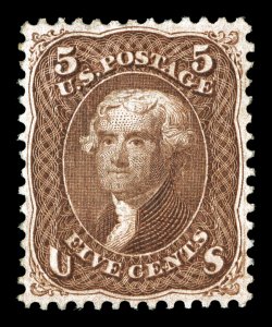 95, 5c Brown, F grill, superbly centered for this difficult stamp, with much larger margins than usual, with no portion of the design being impinged by perforations (a rarely
seen occurrence on this typically tightly margined stamp), gloriousl