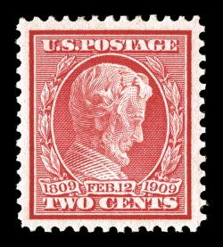 369, 2c Lincoln on bluish paper, extraordinarily well centered amid impressively wide margins not often encountered on this stamp, deep luxuriant color and a crisp impression
on well blued paper, pristine o.g., n.h., extremely fine a large-marg