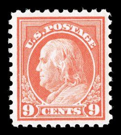 432, 9c Salmon red, a superb mint example, possessing physical qualities that would please even the most condition conscious collector, including being perfectly centered amid
uncharacteristically large margins, stunning rich color and impressio