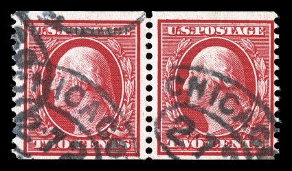 353, 2c Carmine coil, perf. 12 vert., pair in the scarcer 2mm spacing, intense radiant color, Chicago oval cancels, fine-very fine 1988 and 2003 PF
certificates.