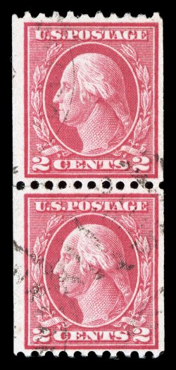 449, 2c Red rotary coil, Ty. I, perf. 10 horiz., another rare pair, quite well centered, lovely fresh color, light duplex cancel, bottom stamp with a tiny trivial crease,
otherwise very fine clear 1974 PF certificate and a 1999 PF certificate.