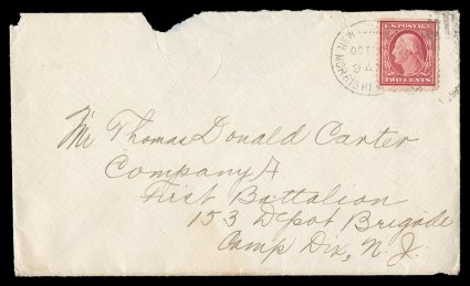 519, 2c Carmine, well centered single with natural s.e. at top, tied to an extremely scarce cover by New York, N.Y.Oct 201917 duplex pmk., sent to a military address in Camp
Dix, N.J., cover with defects at top due to an irregular opening, n