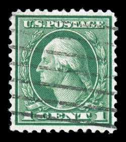 545, 1c Green coil waste, perf. 11, an outstanding used example of this difficult coil waste issue, boasting virtually perfect centering within uncommonly large equal margins,
strong fresh color and impression, light machine postmark, extremely
