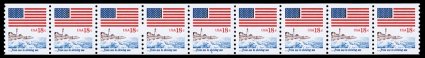 1891, 18c Flag and Anthem, the rare plate no. 6 in a strip of nine, o.g., n.h., extremely fine a particularly select and desirable example of the most sought-after plate number
coil strip cataloged as a strip of five.
