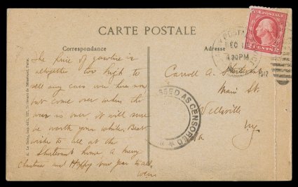 499f, 2c Rose, Ty. I, A.E.F. booklet pane, bottom margin single from the pane of thirty, tied by U.S. Army Postal ServiceDec 101917 duplex on picture postcard to New York,
proper censor handstamp, stamp with faulty top left corner, fine 200