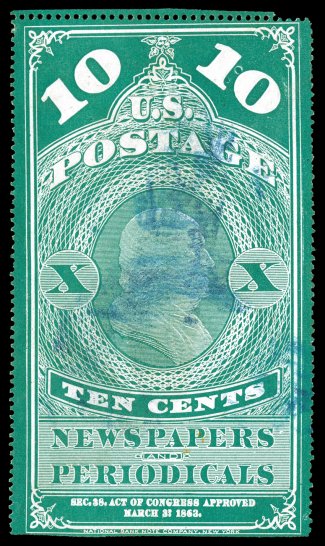 PR2, 10c Blue green, partial sheet-margin at top, unusually light blue brush stroke cancel, clipped perfs. at bottom, otherwise completely sound (this stamp is about as sound
as a used First Issue newspaper stamp gets), very fine for this actua