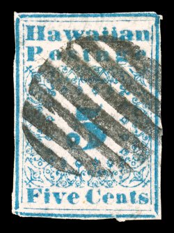 2, 5c Blue Missionary, Type II, with small n in Cents, clear margins on all four sides, excellent color that is strong and rich, bold seven bar grid postmark, small sealed tear
at bottom, otherwise completely sound and very fine.62 examp