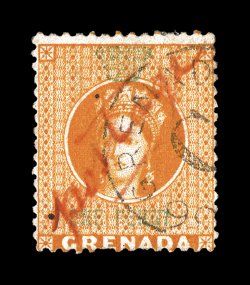 18, 1886 1p Revenue with red manuscript Postage provisional overprint, bright color, usual centering for the basic revenue stamp, tiny corner perf. crease at top left, clear
single circle GrenadaC c.d.s. of Sauteurs just showing the 86 ye