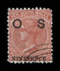 O39, 1894 Ninepence surcharge on 10p Red brown with OS overprint, deep color and an intense impression, nicely centered, usual c.t.o. cancel, very fine a most elusive stamp
2006 BPA certificate (S.G. O11 unpriced used).