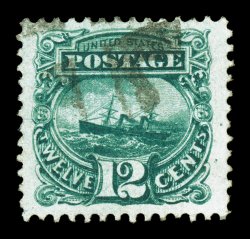 117, 12c Green, an exceptionally choice used copy, featuring incredibly wide margins and being wonderfully well centered within them, deep luxuriant color and a bold impression,
light cork cancel, extremely fine a particularly large-margined ge