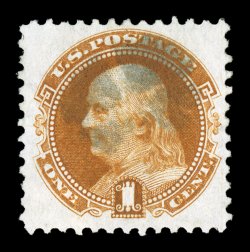 123, 1c Buff re-issue, uncommonly well centered and margined, lovely rich color, light quartered cork cancel, extremely fine 1994 PF certificate.