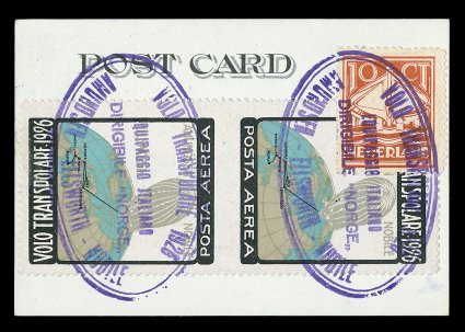 1926 Polar Flight of the dirigible Norge, specially printed petite flown card over the North Pole, franked with a remarkable  vertical se-tenant pair of the Nobile flight
vignette, one stamp with an inverted center, in addition to being imper