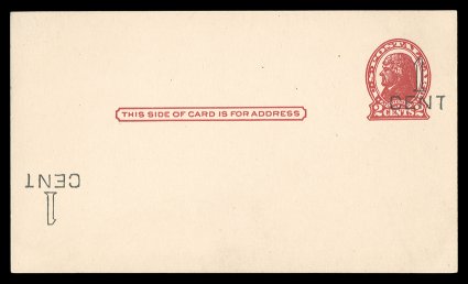 UX32 var., 1 cent Detroit surcharge on 2c lake and vermilion on buff postal cards, die I, Double Surcharge, One Inverted at lower left corner, two mint cards, one being in the
lake shade and with the small THI of THIS, it is also the onl