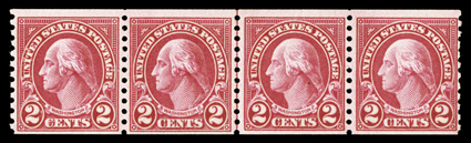 599, 599A, 2c Carmine coil, Ty. I and Ty. II combination joint line pair, contained in a strip of four, the left stamps being Ty. II and the right stamps Ty. I, vibrant color,
o.g., n.h., third stamp with small natural inclusion, fine-very fine.