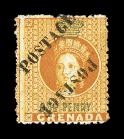 S.G. 29a, 1883 Half of 1p Orange bisect used as ½p, unsevered pair with type 12 POSTAGE surcharge, scarce unused example, bright color, fine 1986 RPS certificate ex-Sovereign
(Scott 15a $1,750.00).