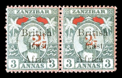 S.G. 89, 91, 1897 2½ on 3a Grey and red, Types 12 and 14, horizontal se-tenant pair showing the two types, with the left stamp being Type 14, well centered and fresh, o.g.,
mild h.r., very fine 2007 Sismondo certificate (Scott 98, 100 $295.