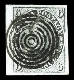 S.G. 10, 1852-57 6p Greenish grey, left sheet-margin single, other three margins also large, impressively rich color, complete target cancel, light pressed-out crease,
extremely fine appearance 2006 Brandon certificate (Scott 5b $1,500.00).
