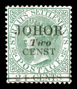 S.G. 17a, 1891 2c on 24c Green, CENST variety, strong color, toned o.g., fine a scarce error that occurred only once in the setting of 60 of some early printings (Scott 16a
$1,100.00).