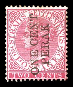 S.G. 30a, 1887 ONE CENT PERAK surcharge in black on 2c Pale rose, deep vibrant color, large part o.g., uncommonly fresh and fine an exceedingly rare stamp, especially with
original gum 1991 BPA certificate (Scott 15A $2,300.00).