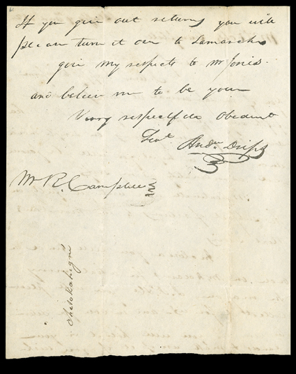 Drips, Andrew, Autograph letter signed to Robert Campbell, Council Bluffs, Michigan Territory (now Iowa) August 9, 1829. He writes to Campbell in St. Louis:I am happy to inform
you of my safe arrival at this place on the fifth day after partin