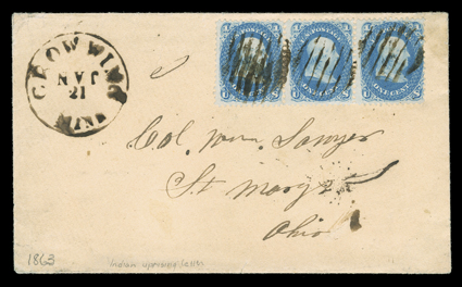 [Sioux War, 1863] cover to St. Marys, Ohio with horizontal strip of three 1c Blue (63) tied by brown grids, with matching Crow Wing, MinnJan 21 datestamp, with original letter
about Indian uprising, extremely fine.Under the dateline Crow Win