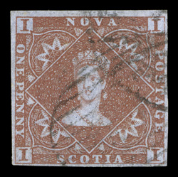 1, 1853 1p Red brown, used, four full to large margins, wonderfully rich color and a clean impression, light grid cancels, very fine 1988 Holcombe certificate (Unitrade
C$800.00).