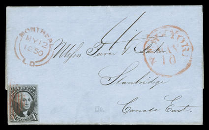 2, 10c Black, large to very large even margins all around, prooflike color and impression, tied by red square grid to 1850 folded letter to Stanbridge, Canada East, matching
New-YorkMay 10 datestamp, red Montreal, L.C.My 12, 1850 trans