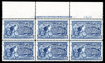 E8, 10c Ultramarine, a remarkable full top margin imprint and plate no. 5535 block of six, being extraordinarily well centered throughout, with eye-catching luxuriant color,
strong and intact perforations all around, o.g. top center stamp and to