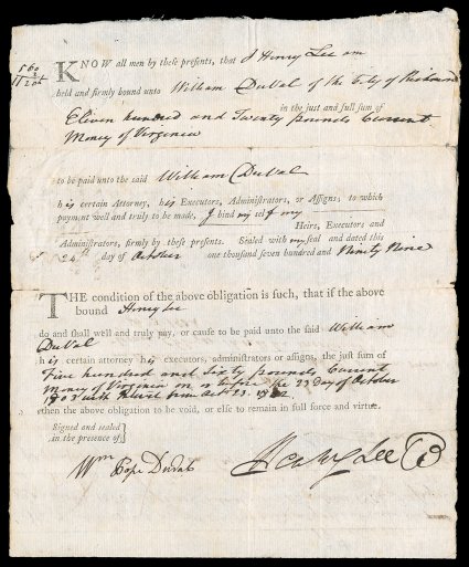 Lee, Henry Lighthorse Harry American soldier and politician (1756-1813) served with distinction during the Revolutionary War, earning his sobriquet from his fine horsemanship
later, Governor of Virginia father of Robert E. Lee. Partly printe