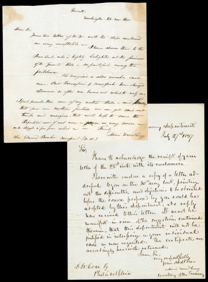 Woodbury, Levi Justice of the US Supreme Court (1789-1851, served from 1845) Secretary of the Treasury under Jackson and Van Buren Secretary of the Navy US Senator and Governor
of New Hampshire. Choice group including two Autograph Letters S