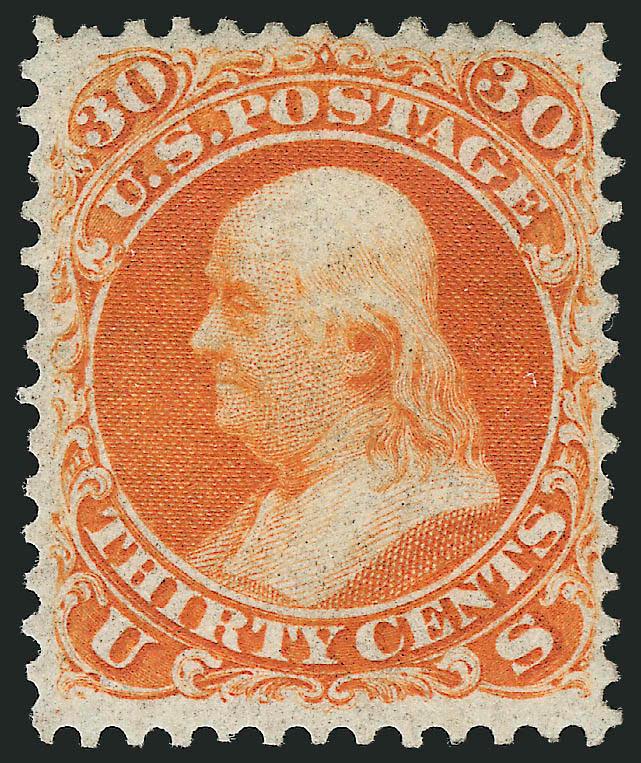 30c Red Orange, First Color (61).> Original gum, intense fiery color, exceptionally choice centering for this rarity, long full perfs all around, very fresh<><>^EXTREMELY FINE. THE 30-CENT 1861 FIRST COLOR IS
EXCEEDINGLY RARE IN COMPLETELY SOUND CO