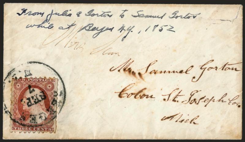 3c Dull Red, Ty. I, Bergen N.Y. Sawtooth Perforations (11 var).> Position 82R6, showing clear sawtooth perforations on all sides, gauging between 9 and 10, tied by Bergen N.Y. Sep. 7 circular datestamp on cover
to Colon Mich., 1852 docketing at top