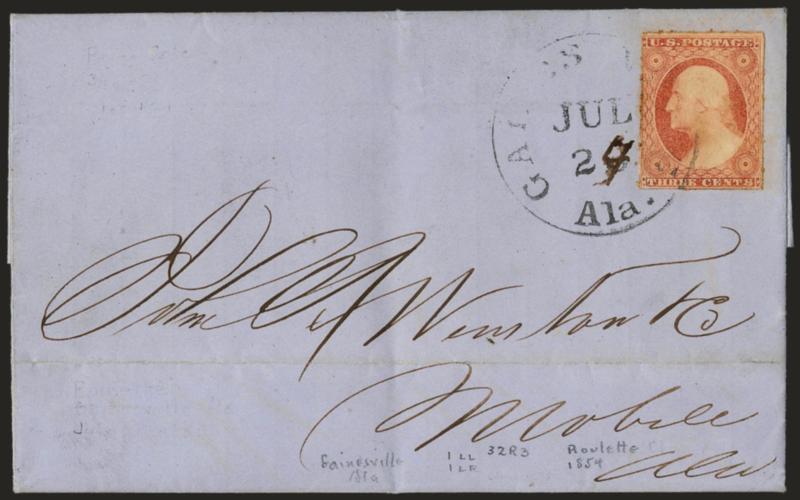 3c Dull Red, Ty. II, Gainesville Ala. Unofficial Roulette (11A var).> Position 32R3, showing noticeable roulettes on three sides, tied by Gainesville Ala. Jul. 23 circular datestamp with date changed to 4 in
ms., on 1854 folded letter to Mobile A