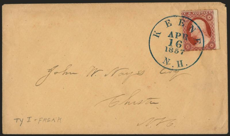 3c Dull Red, Ty. I, Keene N.H. Unofficial Roulette (11 var).> Bright color, clear roulettes on three sides and with <sheet margin> at right, tied by <blue> Keene N.H. Apr. 16, 1857 circular datestamp on buff
cover to Chester N.H., light corner crea