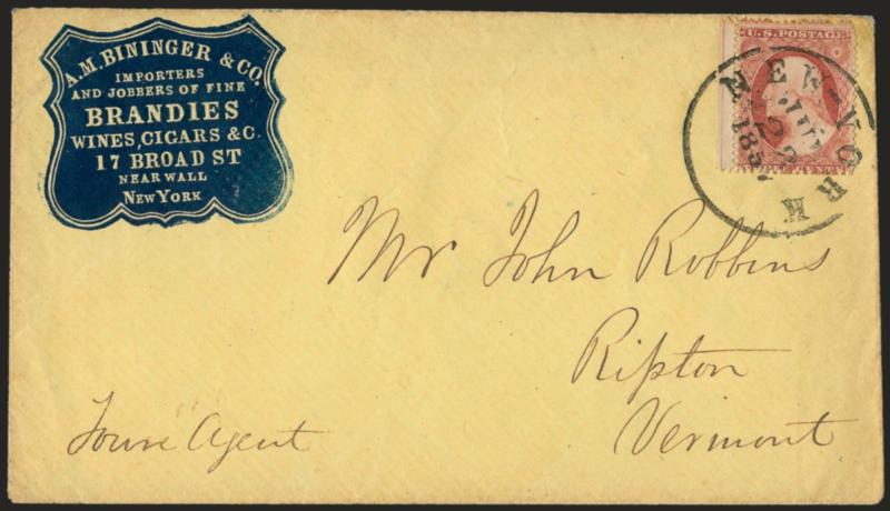 3c Pale Claret, Ty. I (25).> Position 51R6 plating note, bright shade, perforated straddle-pane margin at left with centerline, tied by <New-York Jun. 28, 1857> circular datestamp on yellow cover to Ripton Vt.
with <wine importers blue cameo corner