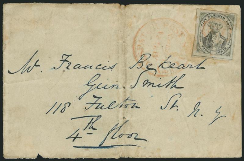 U.S. City Despatch Post, New York N.Y., 3c Black on Grayish (6LB1).> Large margins, lightly struck orange-red U.S. in frame, matching U.S. City Despatch Post Aug. 24, 1 OClock Type I double-line circular
datestamp on cover front only to local st