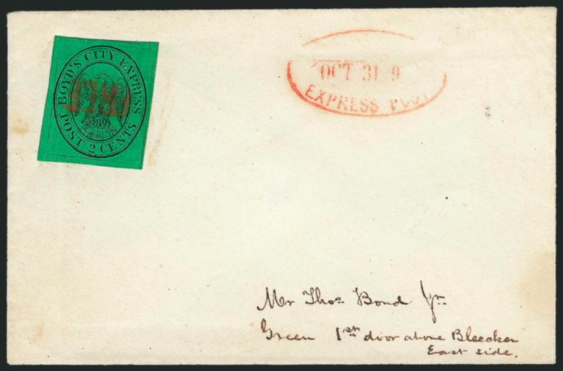 Boyds City Express, New York N.Y., 2c Black on Yellow Green (20L2).> Large margins, rich color, cancelled by red Free handstamp, matching Boyds City Express Post Oct. 31 oval datestamp on cover to local street
address, Very Fine, a pretty cover