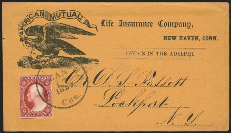 3c Claret, Ty. II (11A).> Plate 2L, large margins to clear showing parts of adjoining stamps at top and bottom, deep rich color, tied by well-struck New Haven Con. Jan. 17, 1857 circular datestamp on buff
illustrated <American Mutual Life Insurance