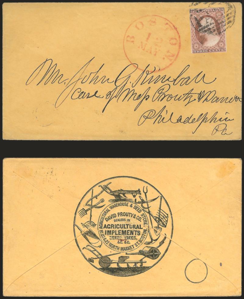 3c Dull Red, Ty. II (11A).> Large margins to just touched, tied by large Boston Paid grid, red Boston 12 May circular datestamp on cover to Philadelphia, back of cover with <illustrated agriculture implements>
design, stamp slightly oxidized, Ver