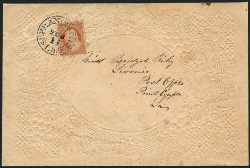 3c Dull Red, Ty. II (11A).> Large margins, tied by well-struck St. Francisville La. Feb. 11 circular datestamp on <Valentine> to Livonia P.O. La., some slight cover toning, otherwise Very Fine