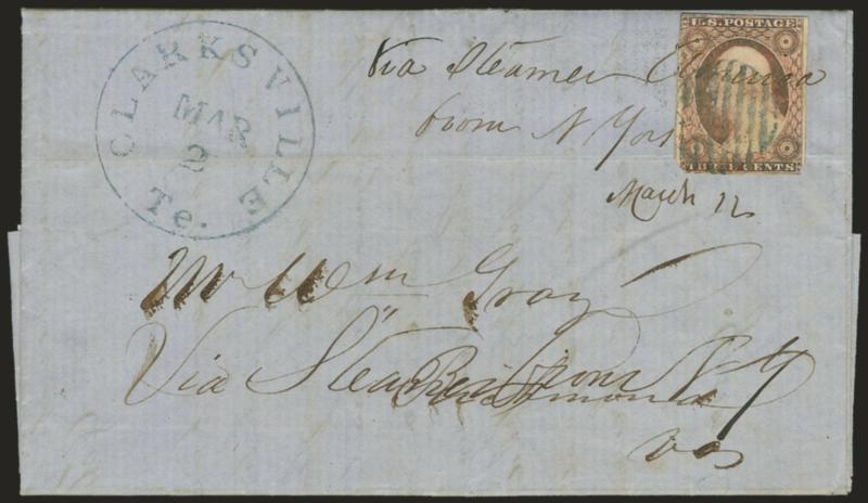 3c Dull Red, Ty. II (11A).> Large margins to in, cancelled by blue grid, matching Clarksville Te. Mar. 2 circular datestamp on 1853 folded letter to Richmond Va., stamp also tied by ms. <<Via steamer from N.
York March 12>>, stamp oxidized, other