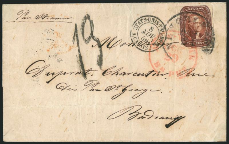 5c Red Brown (12).> Three large margins, cut in at top, tied by New Orleans La. Oct. 21 circular datestamp on 1856 folded cover <to Bordeaux, France,> red New-York Br. Pkt. Oct. 29 circular datestamp also ties
stamp, Calais transit datestamp and