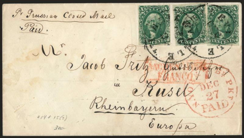 10c Green, Ty. II, III (14, 15, 15).> Three singles, large margins to barely touched, tied by Belleville Ill. Dec. 23 circular datestamps on cover <to Kusel, Germany,> red N. York Br. Pkt. Paid 7 Dec. 27 credit
datestamp, red boxed Aachen Franco